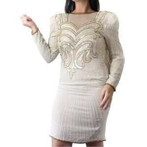 Vintage Creative Creations Cream Silk Sequin Beaded Dress Size Small